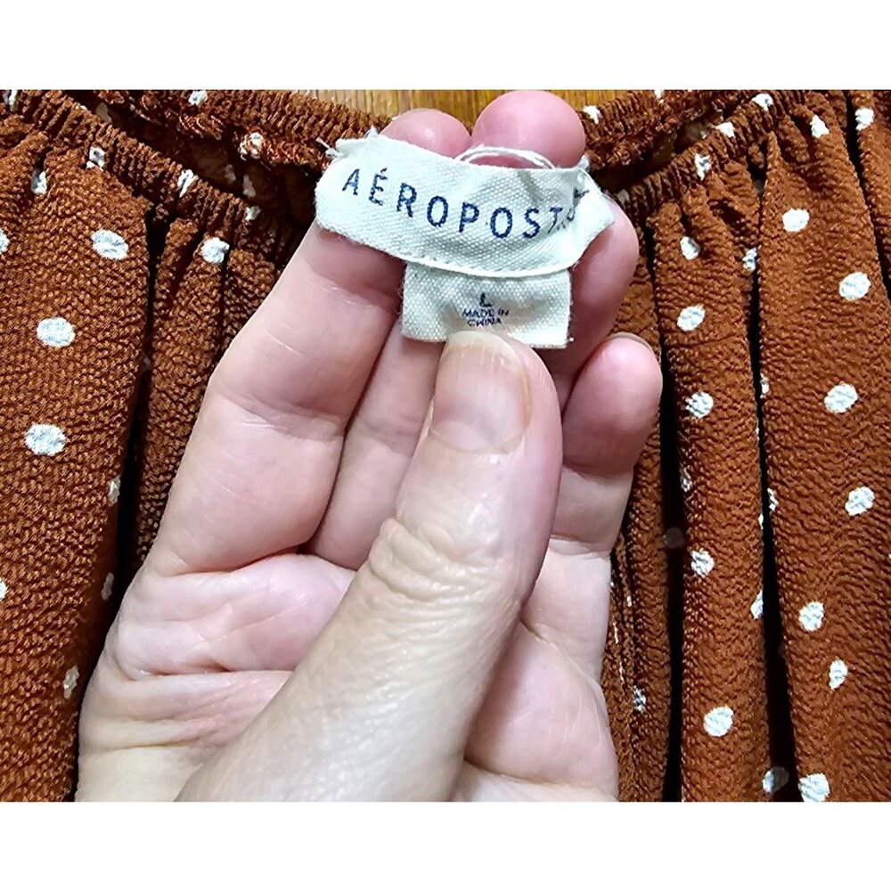 Aeropostale Brown Polka Dot Puff Sleeve Dress Size L Ruffle Hem - Picture 4 of 8